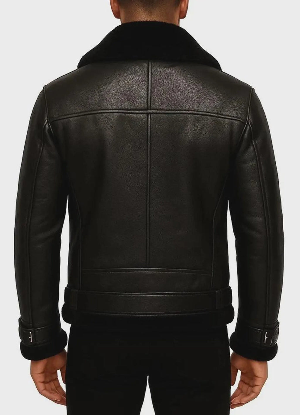 Handmade Men’s Black Shearling Leather Biker Jacket – Aviator Style Fur Collar Motorcycle Coat | Vintage Winter Outerwear