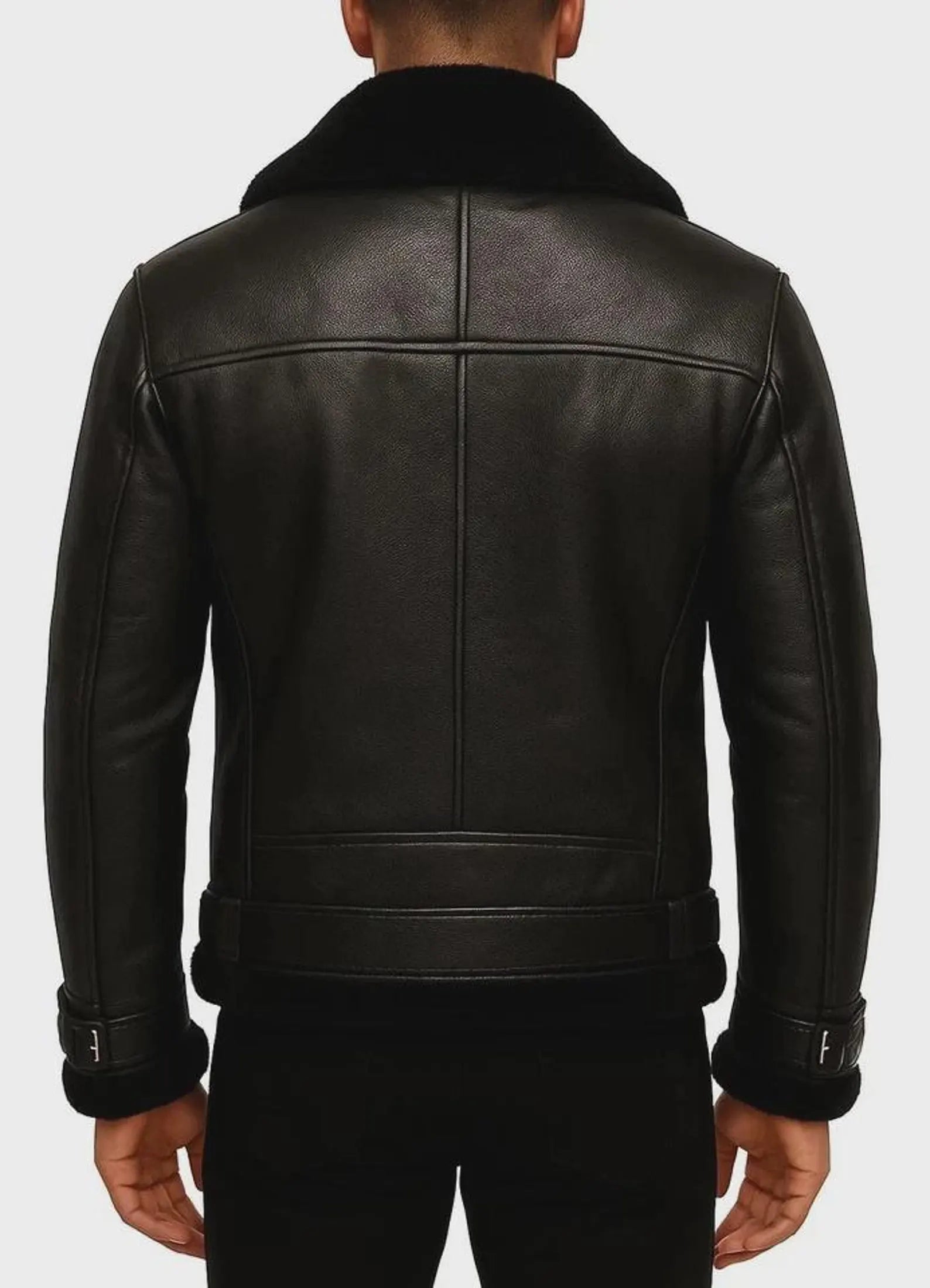 Handmade Men’s Black Shearling Leather Biker Jacket – Aviator Style Fur Collar Motorcycle Coat | Vintage Winter Outerwear