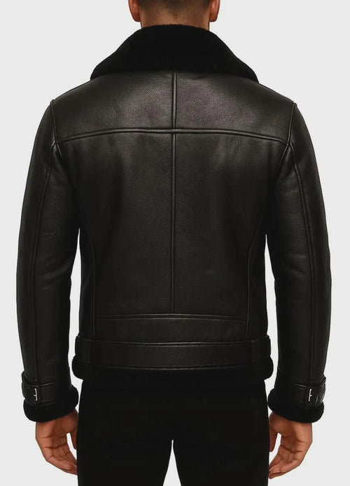 Handmade Men’s Black Shearling Leather Biker Jacket – Aviator Style Fur Collar Motorcycle Coat | Vintage Winter Outerwear
