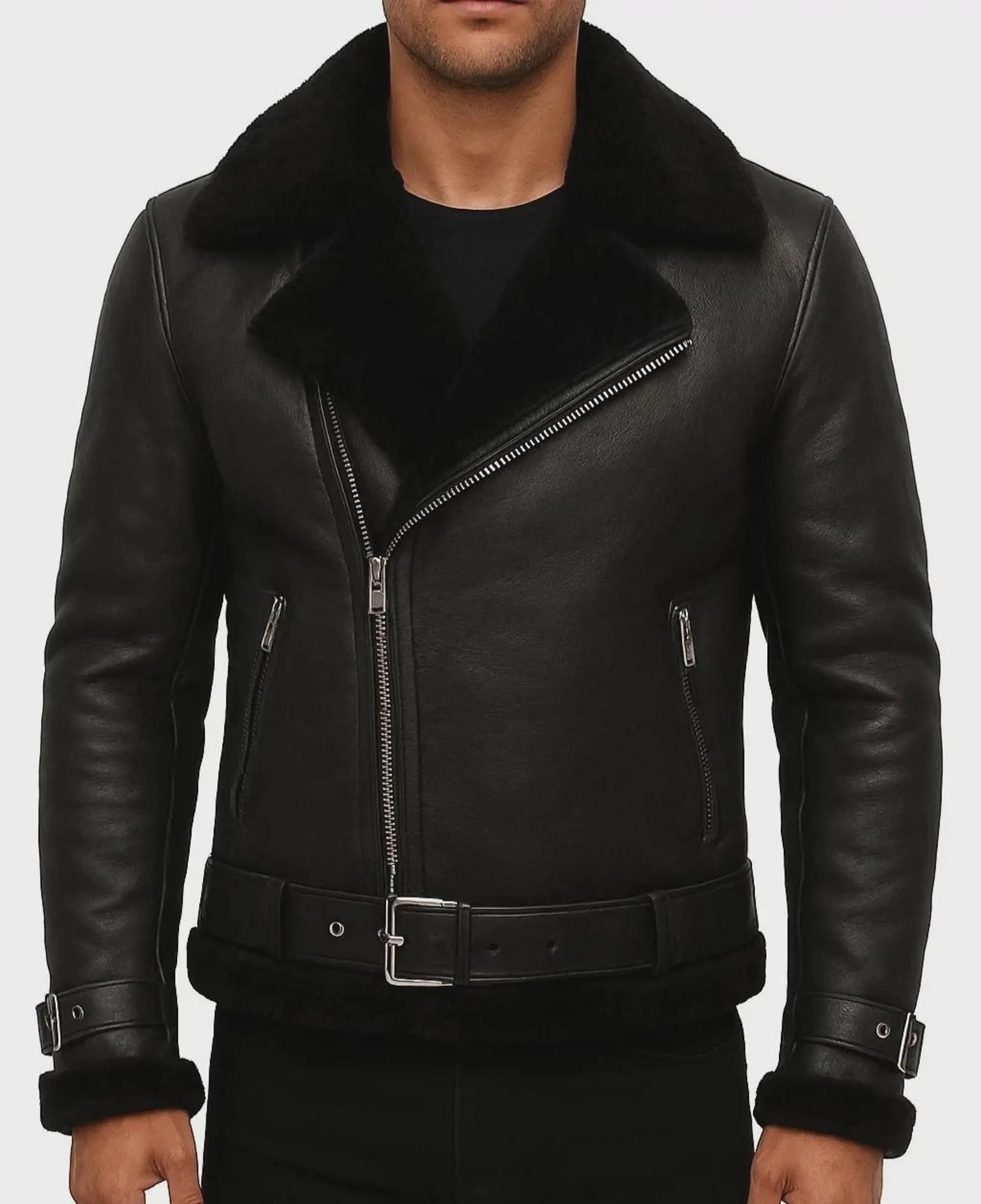 Handmade Men’s Black Shearling Leather Biker Jacket – Aviator Style Fur Collar Motorcycle Coat | Vintage Winter Outerwear