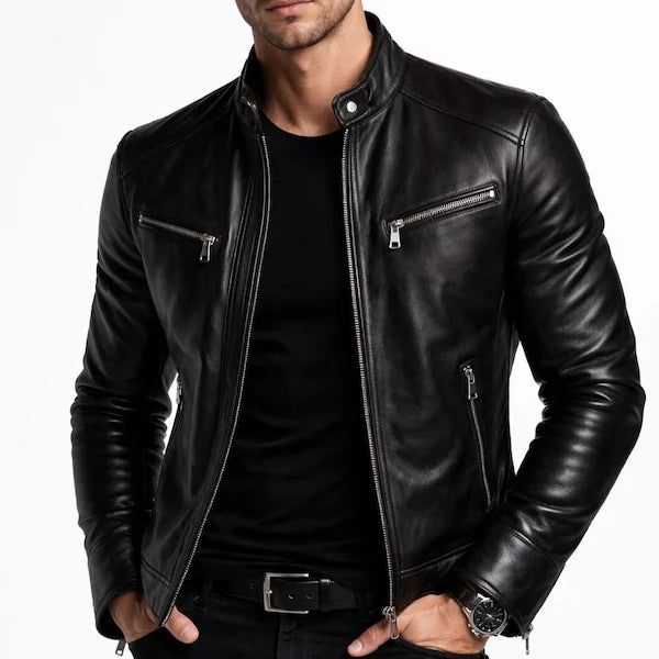 Men’s Black Genuine Sheep Leather Biker Jacket – Cafe Racer Slim Fit Motorcycle Style Coat | Vintage Rider Outerwear